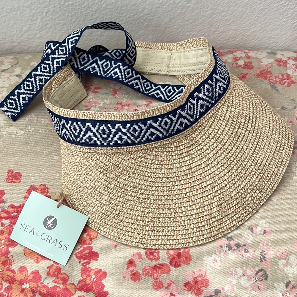 NWT Sea & Grass Packable Adjustable Straw Visor w/ Ribbon Tie, Vacation Beach
